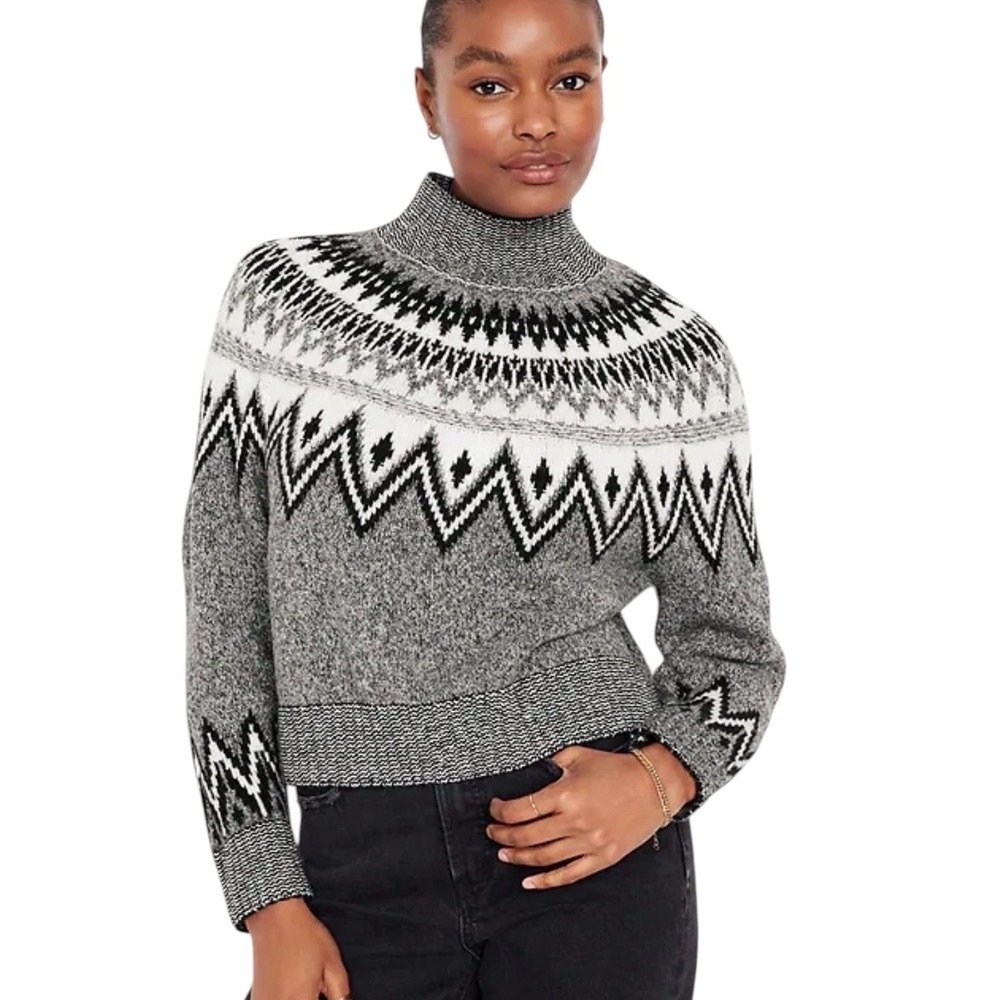 Old Navy Women Gray Fair Isle Mock Neck Sweater Cotton Blend Size M Nordic Black